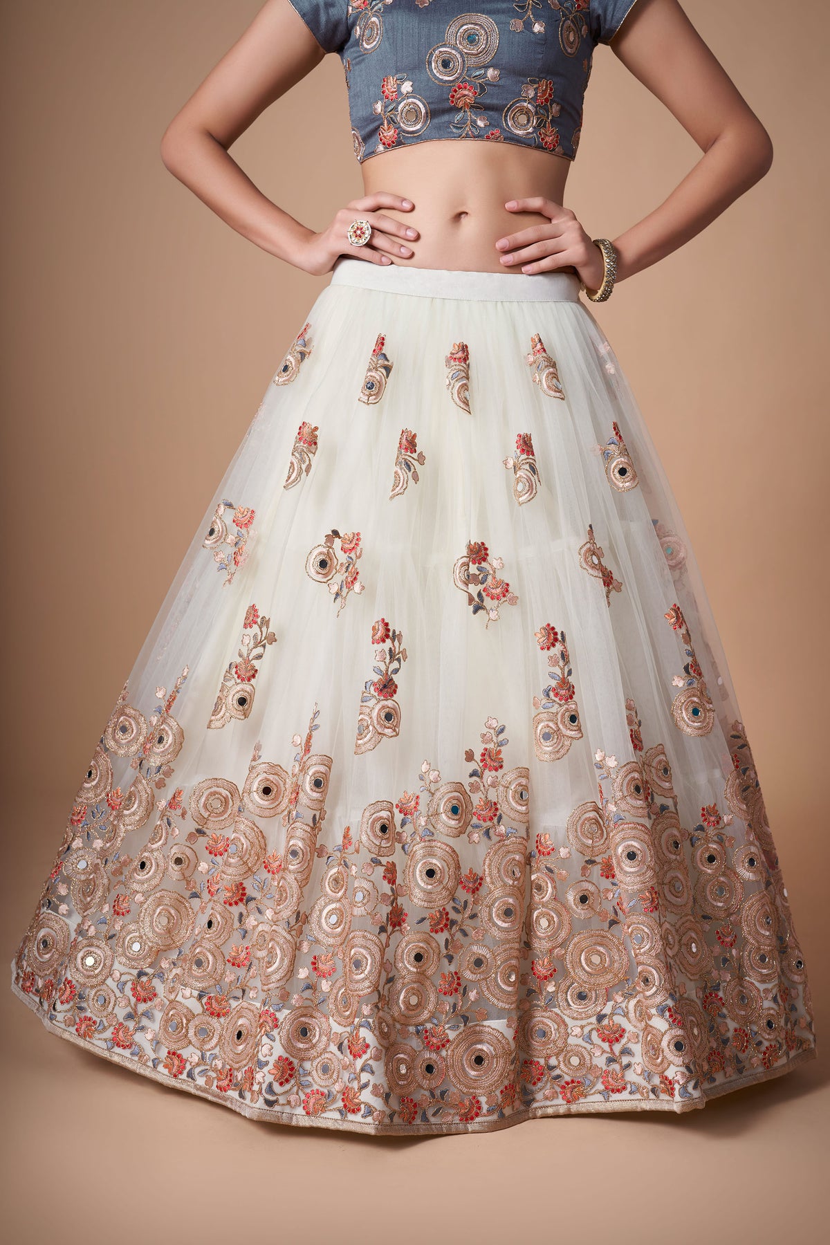 Off White Soft Net Zari & Dori Embroidered Festive Lehenga Choli