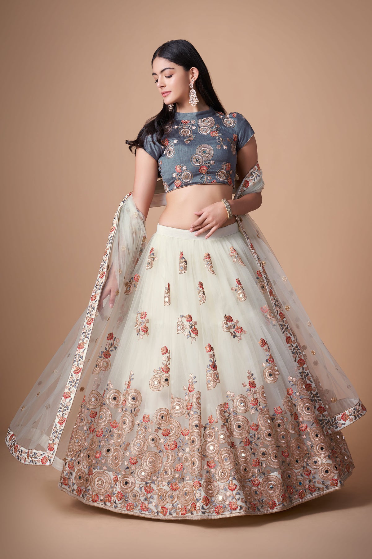 Off White Soft Net Zari & Dori Embroidered Festive Lehenga Choli
