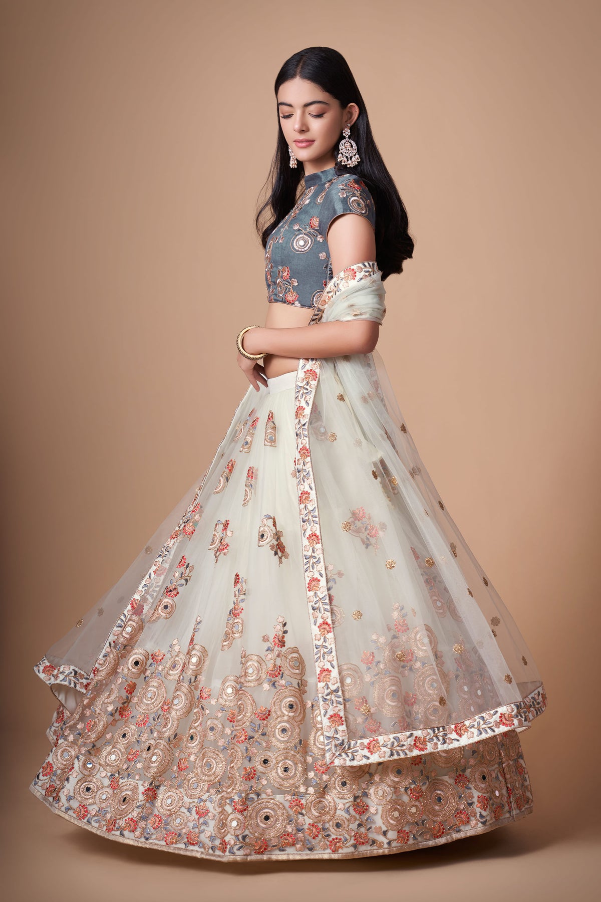 Off White Soft Net Zari & Dori Embroidered Festive Lehenga Choli
