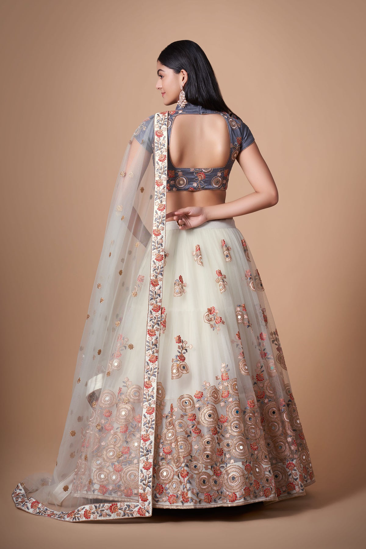 Off White Soft Net Zari & Dori Embroidered Festive Lehenga Choli