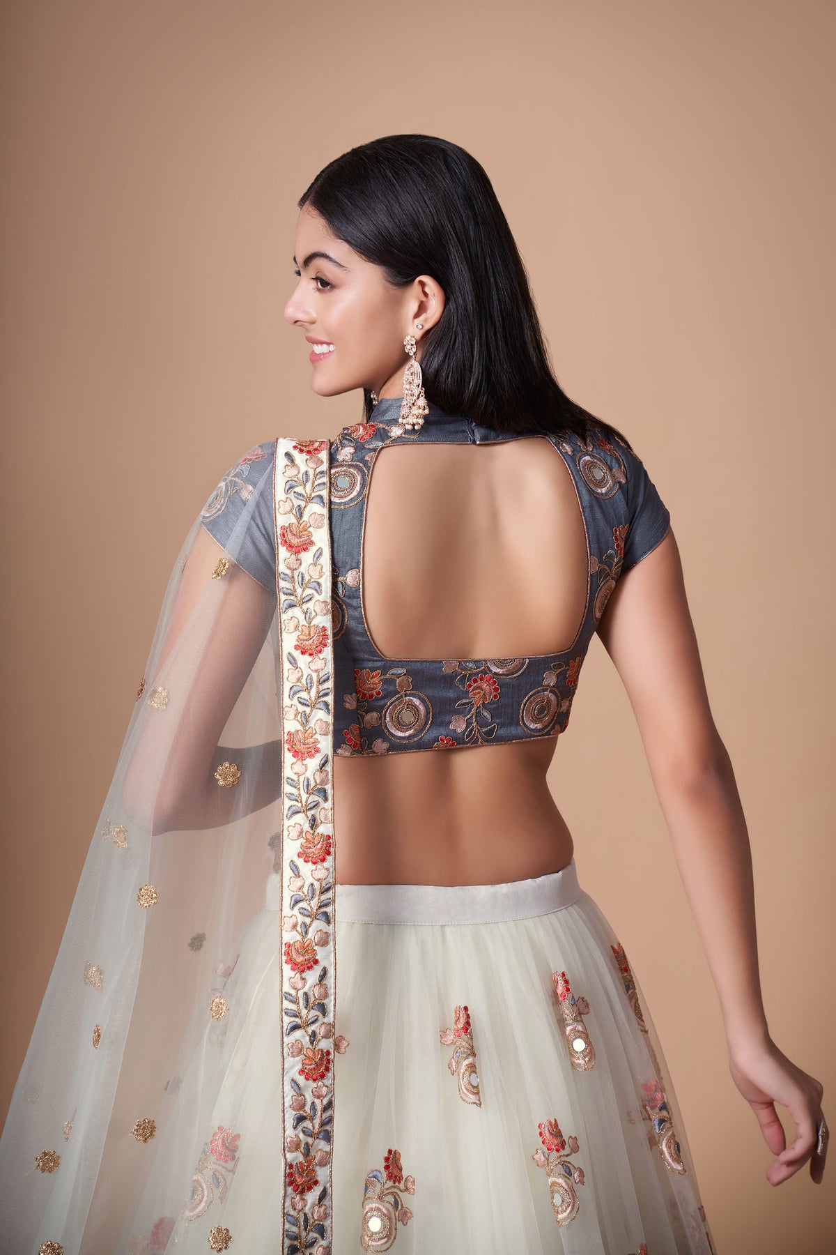 Off White Soft Net Zari & Dori Embroidered Festive Lehenga Choli