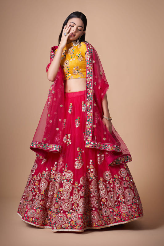 Rani Pink Soft Net Zari & Dori Embroidered Wedding Lehenga Choli
