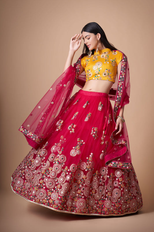 Rani Pink Soft Net Zari & Dori Embroidered Wedding Lehenga Choli
