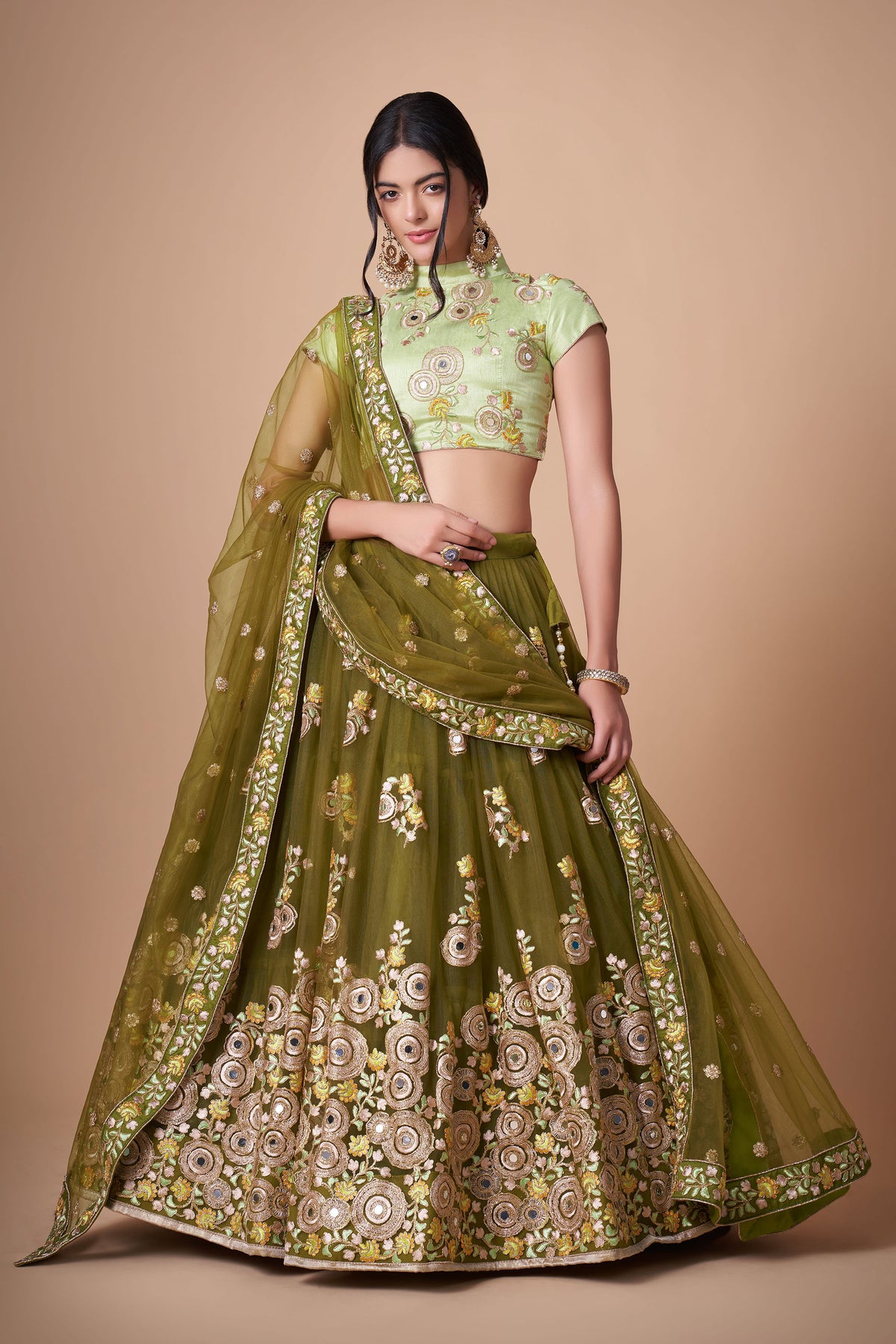 Mehendi Green Soft Net Zari & Dori Embroidered Lehenga Choli