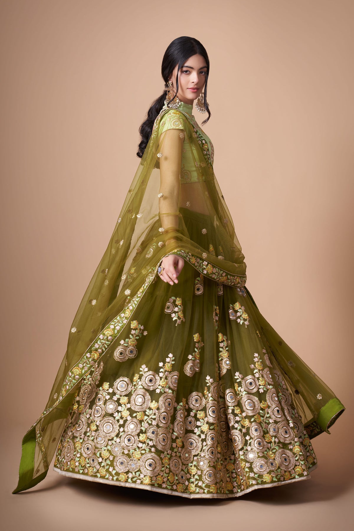 Mehendi Green Soft Net Zari & Dori Embroidered Lehenga Choli
