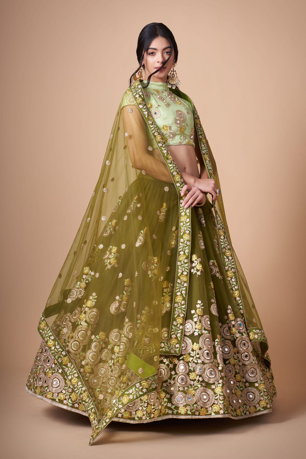 Mehendi Green Soft Net Zari & Dori Embroidered Lehenga Choli