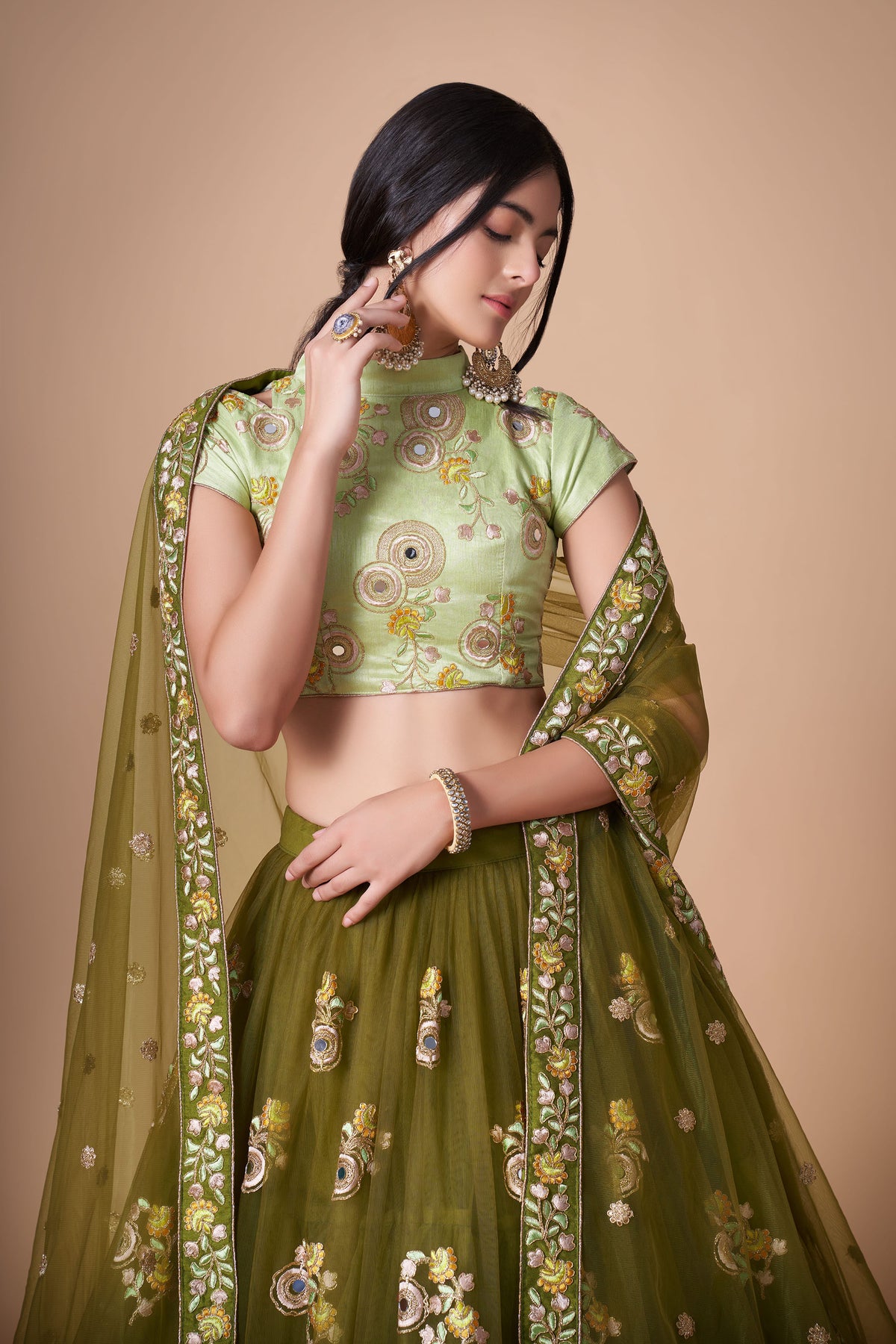 Mehendi Green Soft Net Zari & Dori Embroidered Lehenga Choli