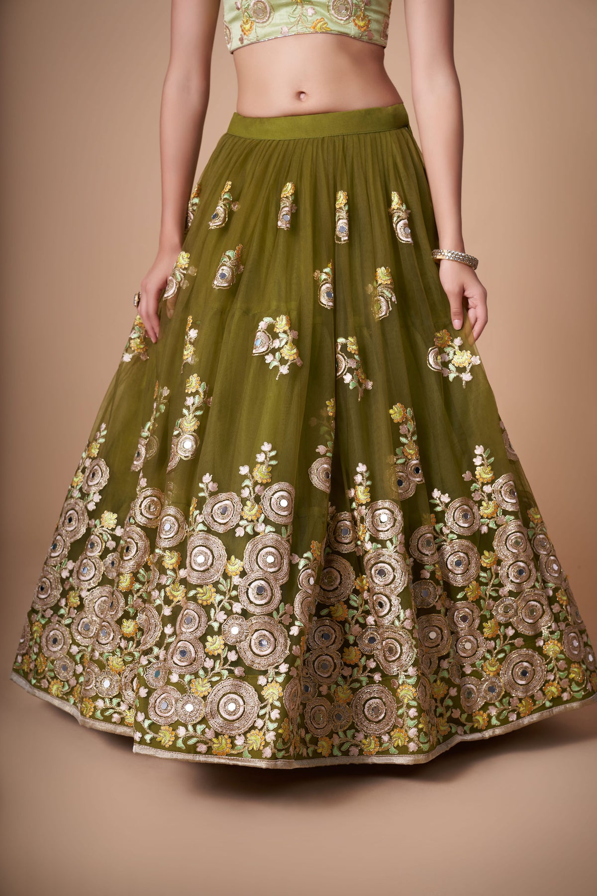 Mehendi Green Soft Net Zari & Dori Embroidered Lehenga Choli
