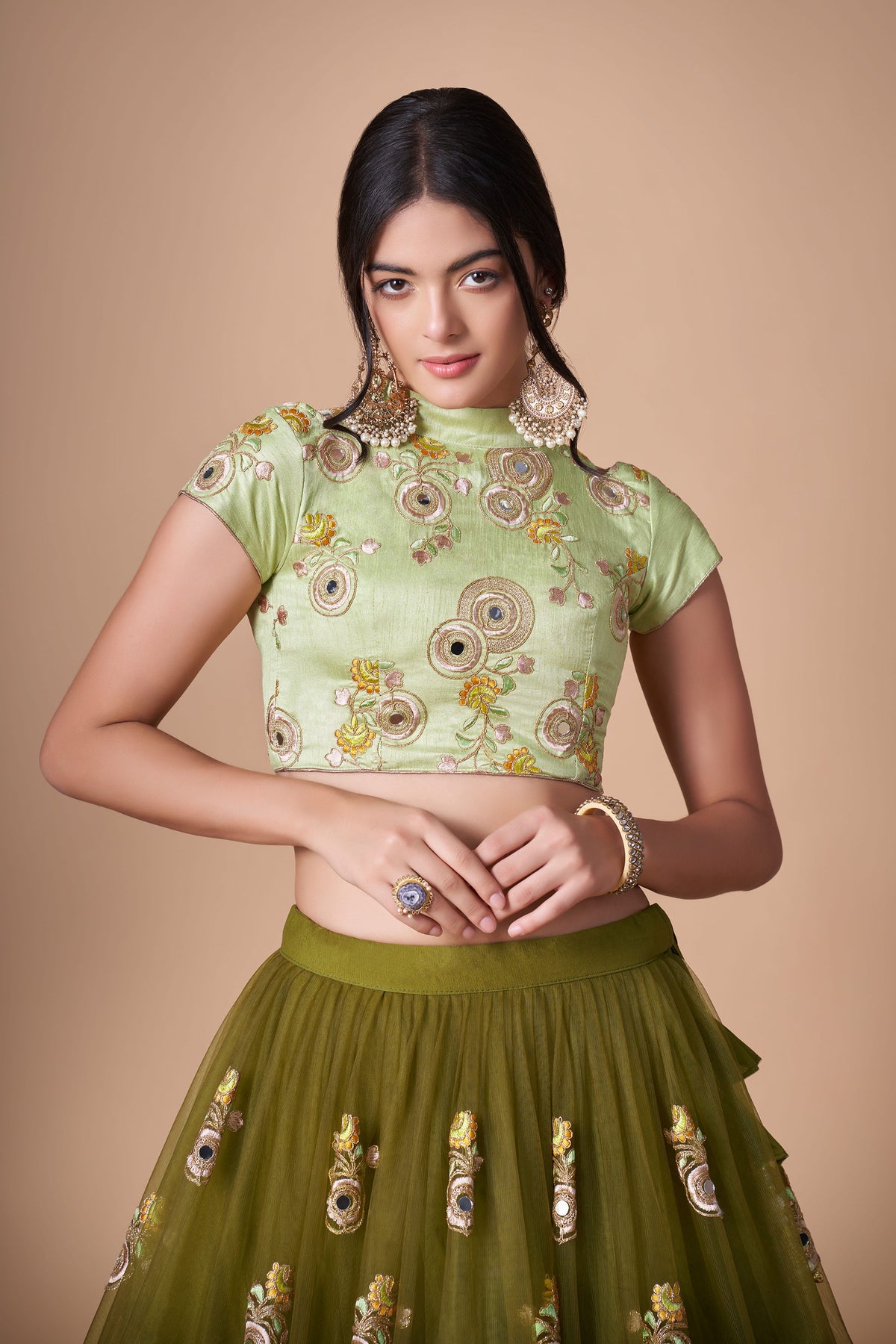 Mehendi Green Soft Net Zari & Dori Embroidered Lehenga Choli