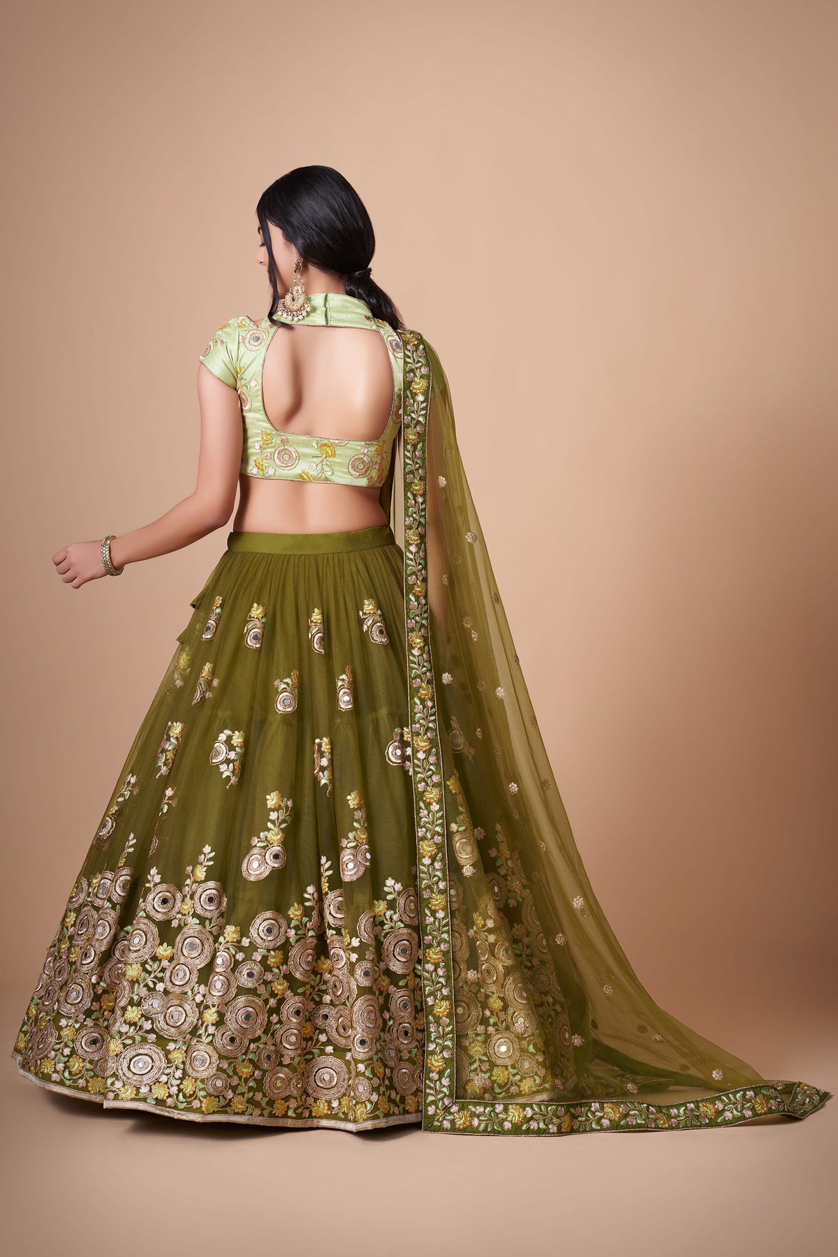 Mehendi Green Soft Net Zari & Dori Embroidered Lehenga Choli