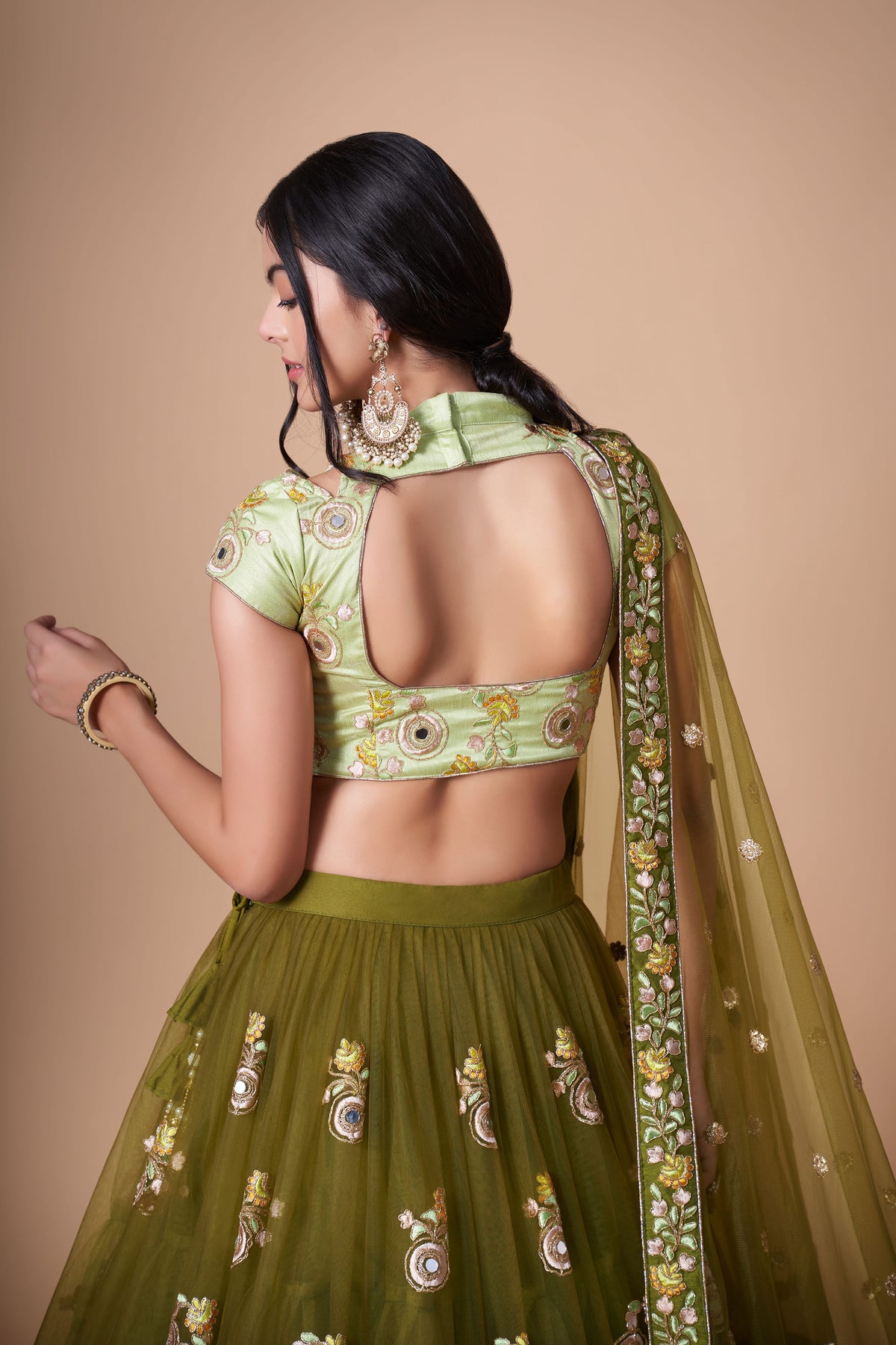 Mehendi Green Soft Net Zari & Dori Embroidered Lehenga Choli