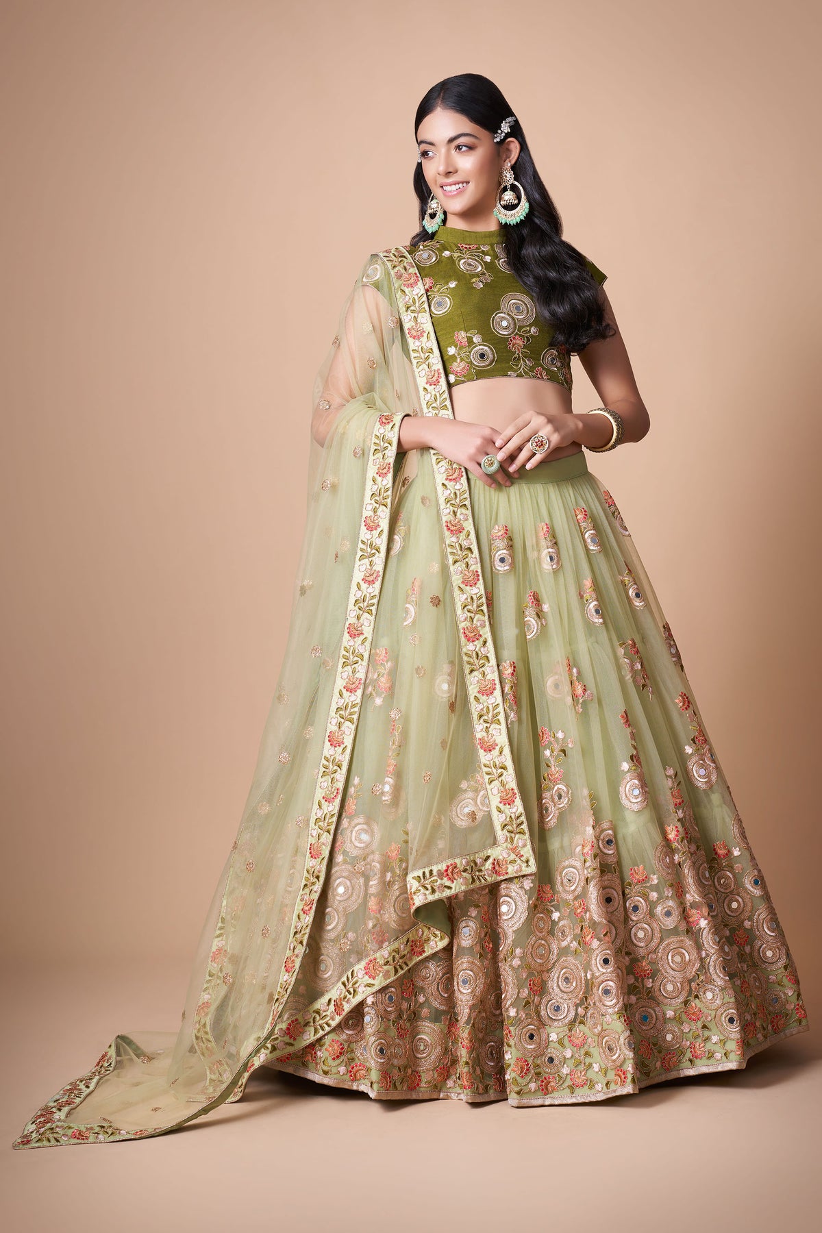 Pista Green Soft Net Zari & Dori Embroidered Lehenga Choli