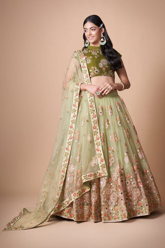 Pista Green Soft Net Zari & Dori Embroidered Lehenga Choli