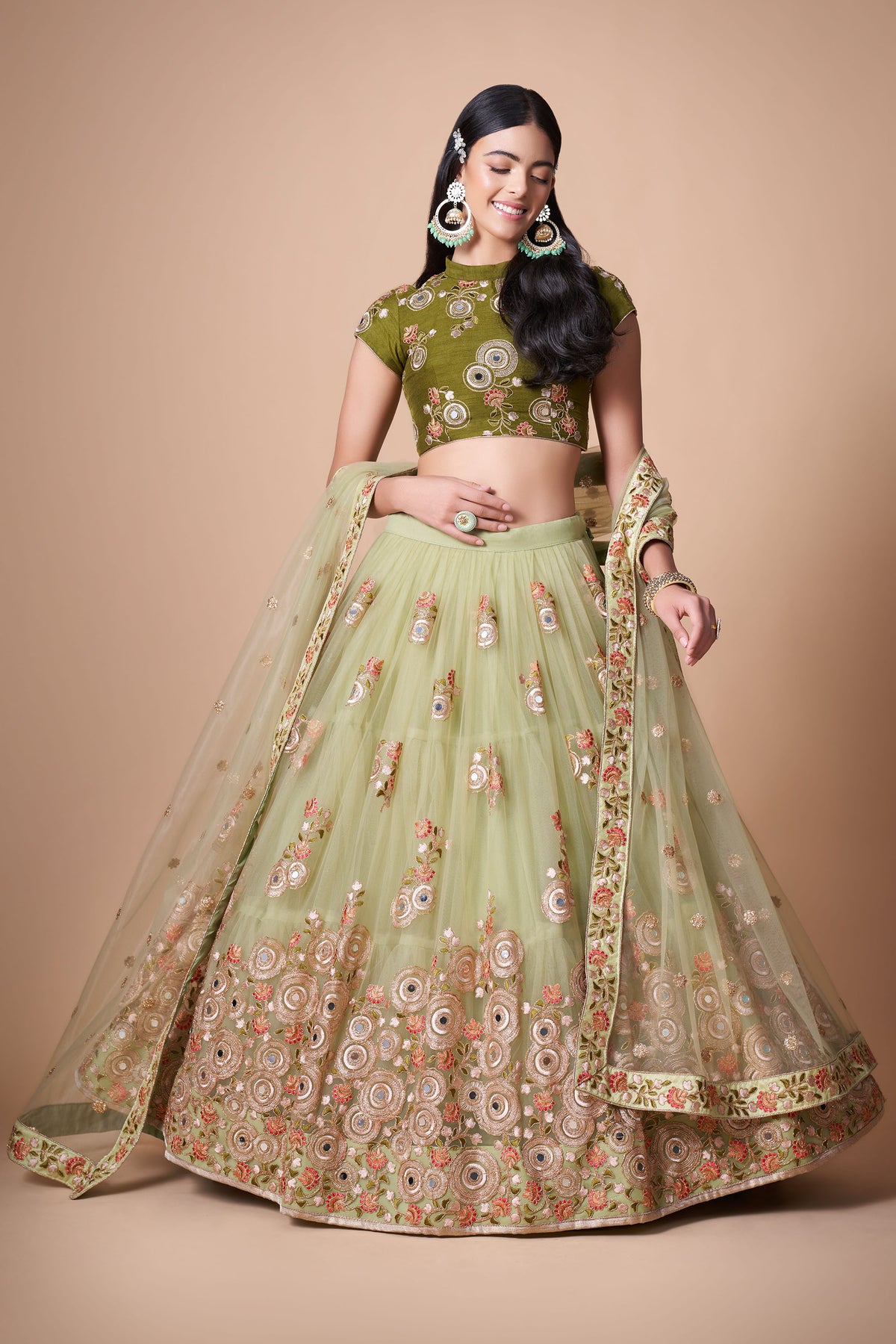 Pista Green Soft Net Zari & Dori Embroidered Lehenga Choli