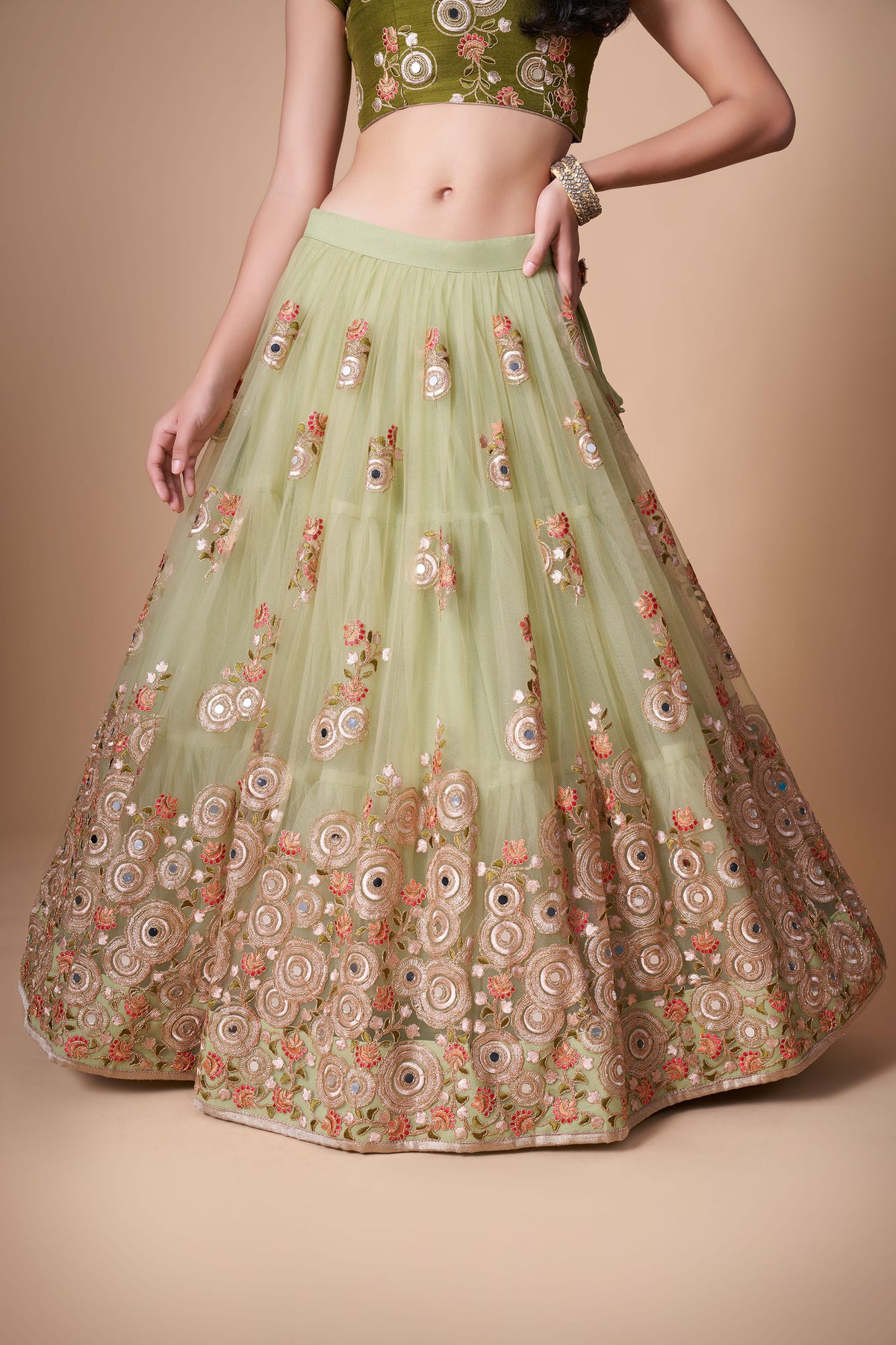 Pista Green Soft Net Zari & Dori Embroidered Lehenga Choli