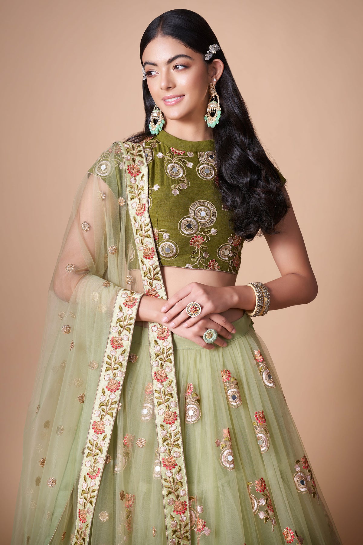 Pista Green Soft Net Zari & Dori Embroidered Lehenga Choli