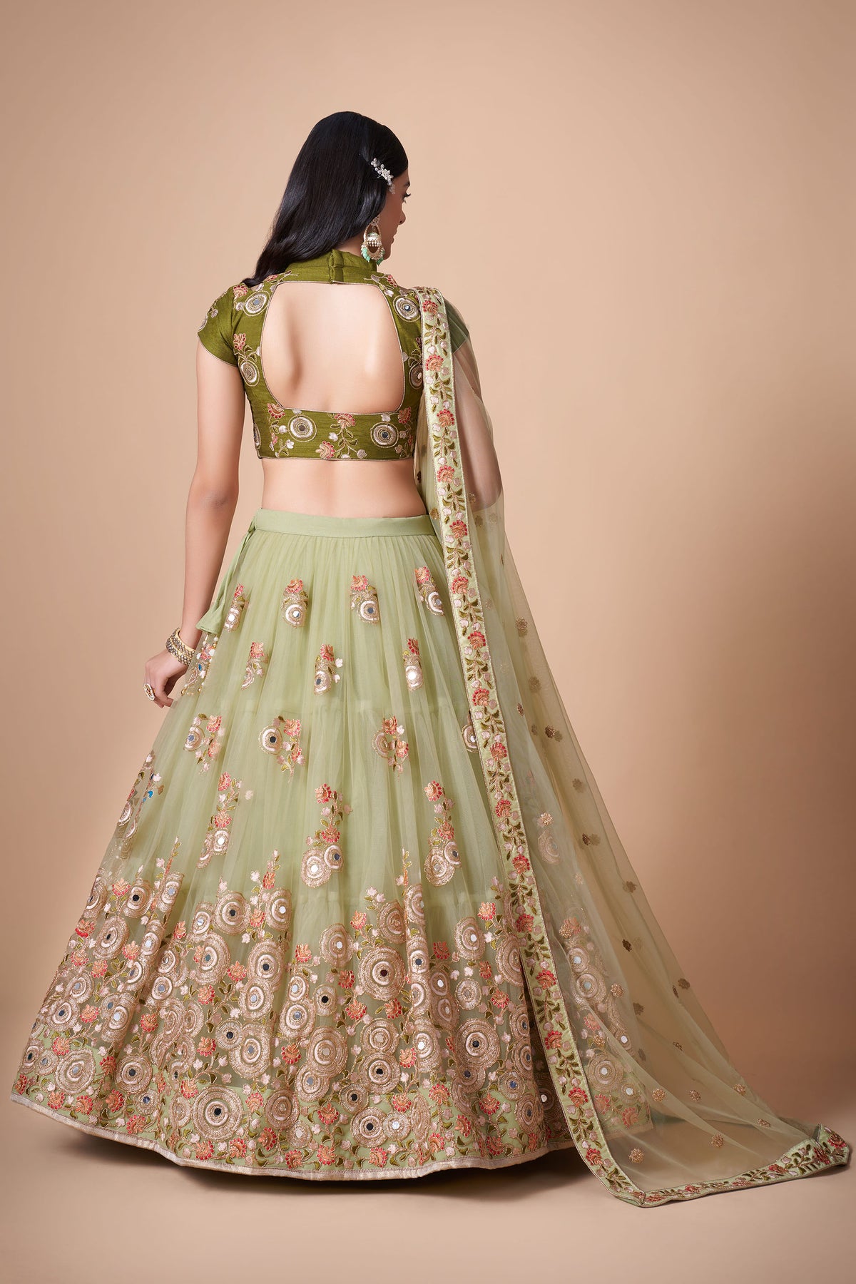 Pista Green Soft Net Zari & Dori Embroidered Lehenga Choli
