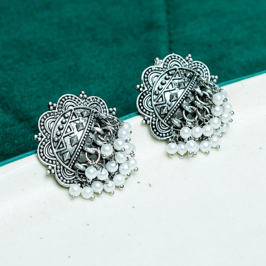 Zevar Club Antique Silver-Toned Statement Stud Earrings with Pearl Cluster Drops & Carved Motif