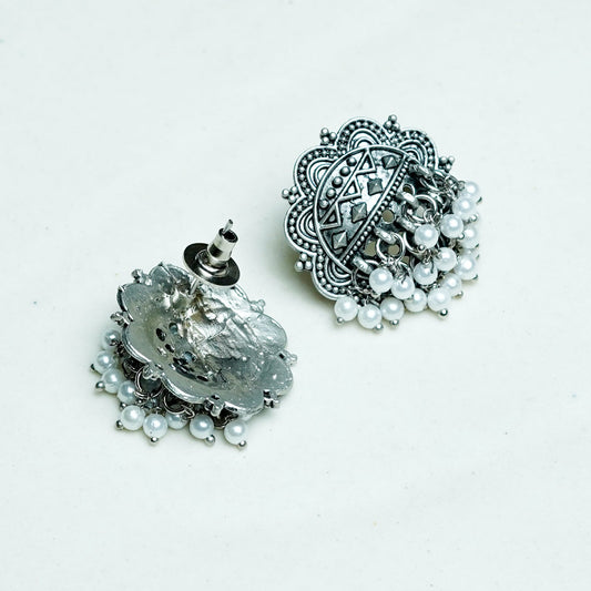 Zevar Club Antique Silver-Toned Statement Stud Earrings with Pearl Cluster Drops & Carved Motif