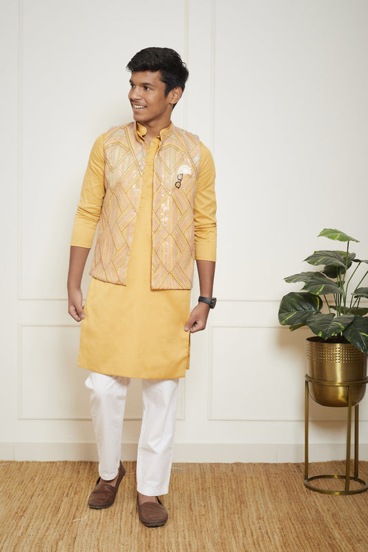 Mustard Yellow Embroidered Nehru Jacket Set