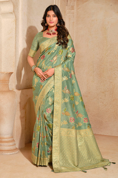 Dark Sea Green Jacquard Silk With Zari Woven Saree