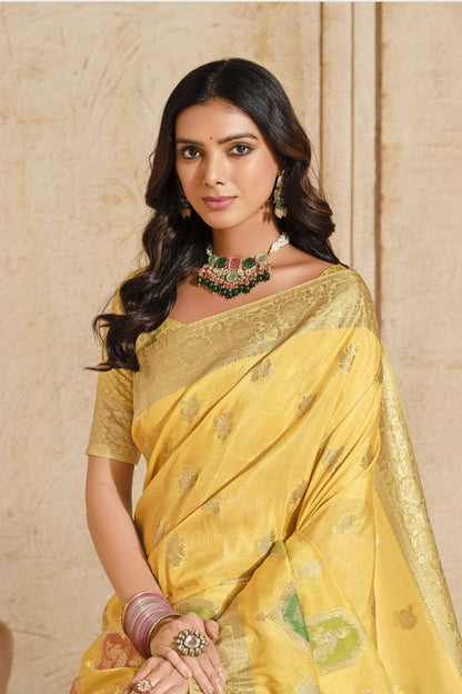 Yellow and Cream Jacquard Silk With Zari Woven Saree