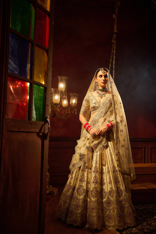 Ivory Raw Silk Hand & Machine Embroidered Lehenga Set