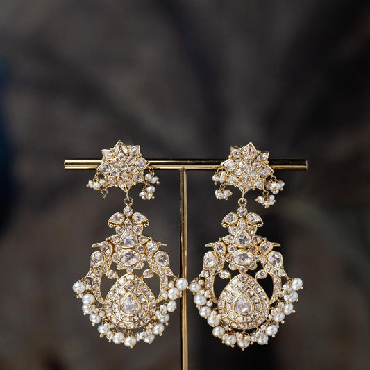 White Polki Studded with Pearl Drops Silver Earrings