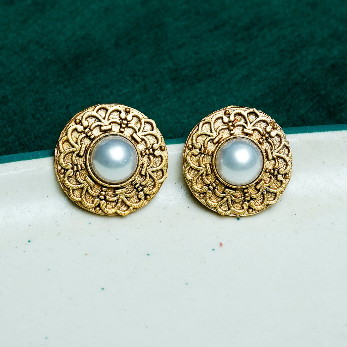 Zevar Club Gold-Toned Antique Statement Stud Earrings with White Pearl Centre & Carved Design