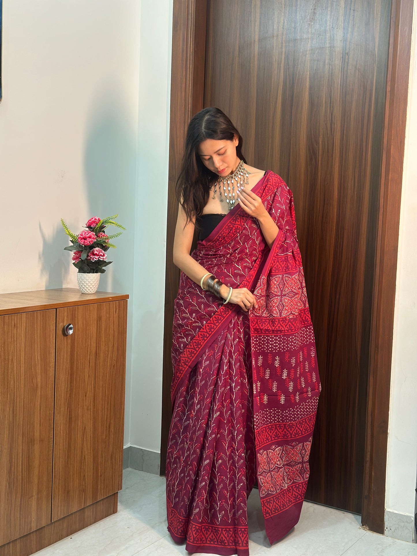 Mulberry Magic Purple & Maroon Floral Mulmul Saree