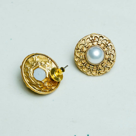 Zevar Club Gold-Toned Antique Statement Stud Earrings with White Pearl Centre & Carved Design