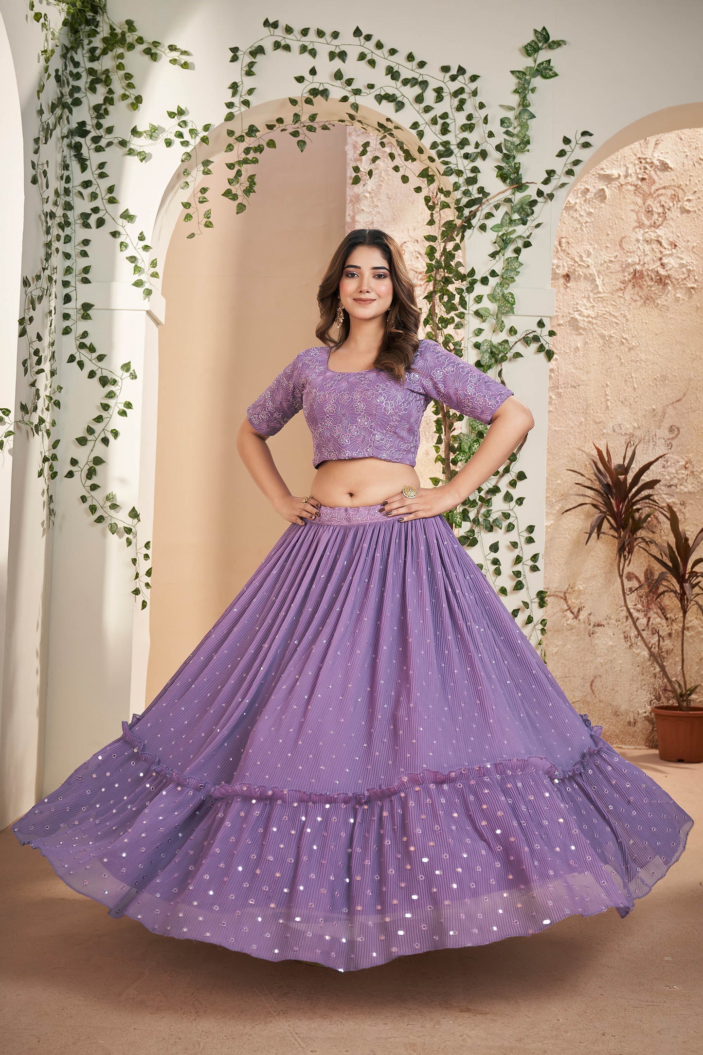 Purple Faux Georgette Sequins Embroidery Lehenga