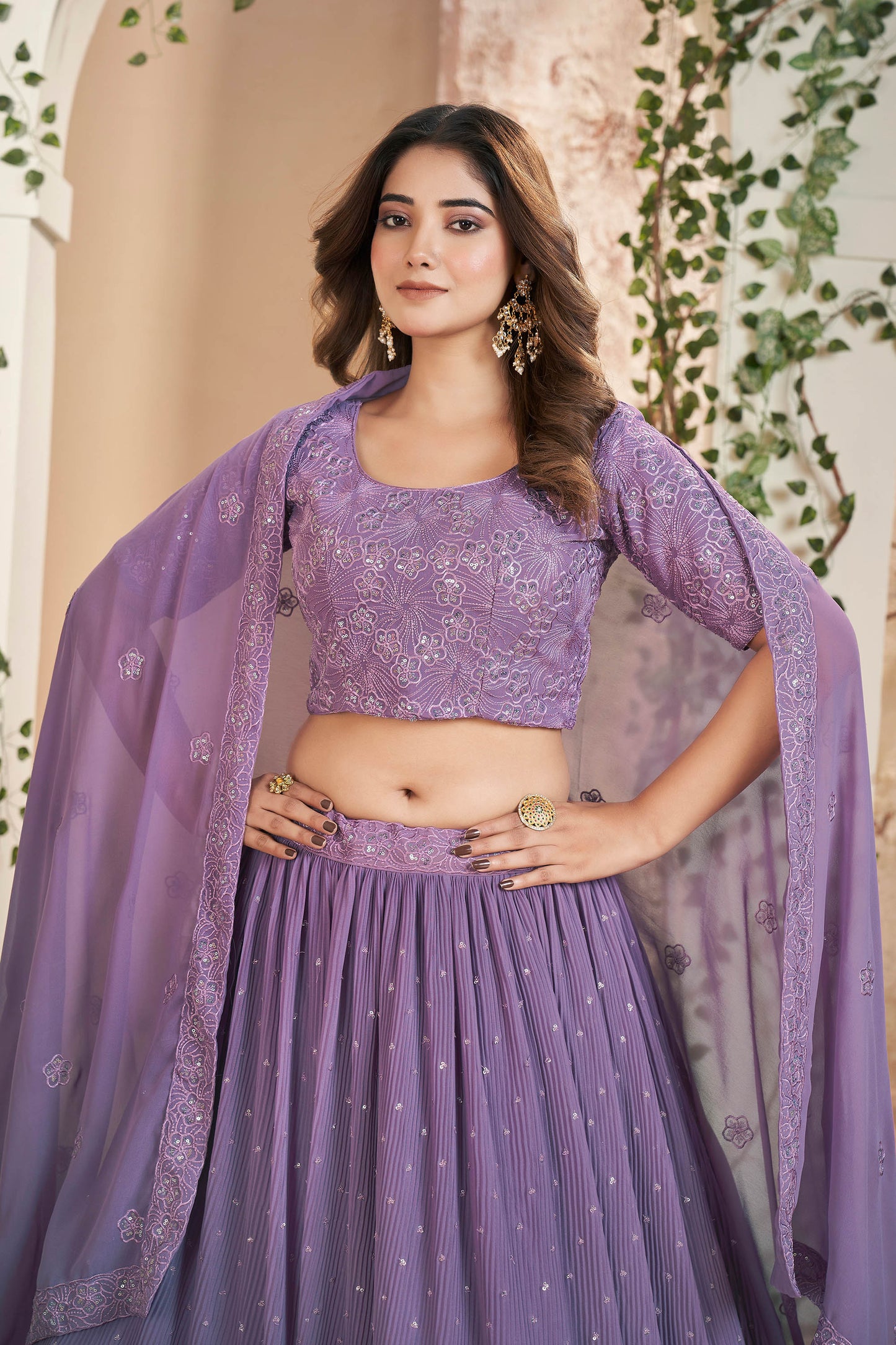 Purple Faux Georgette Sequins Embroidery Lehenga