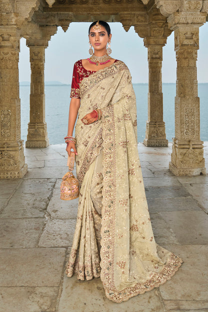 Cream Banarasi Silk Lucknowi Work Festive Saree
