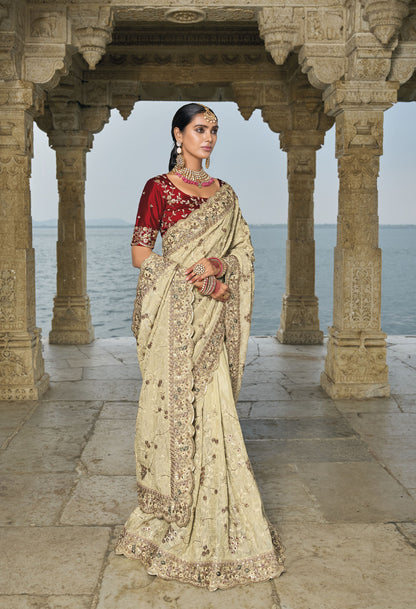 Cream Banarasi Silk Lucknowi Work Festive Saree