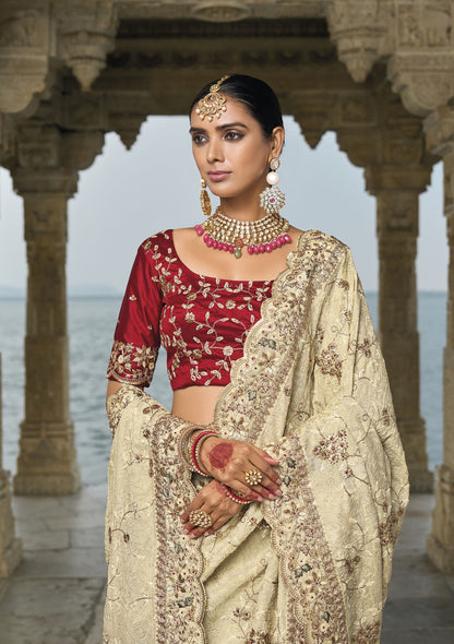 Cream Banarasi Silk Lucknowi Work Festive Saree