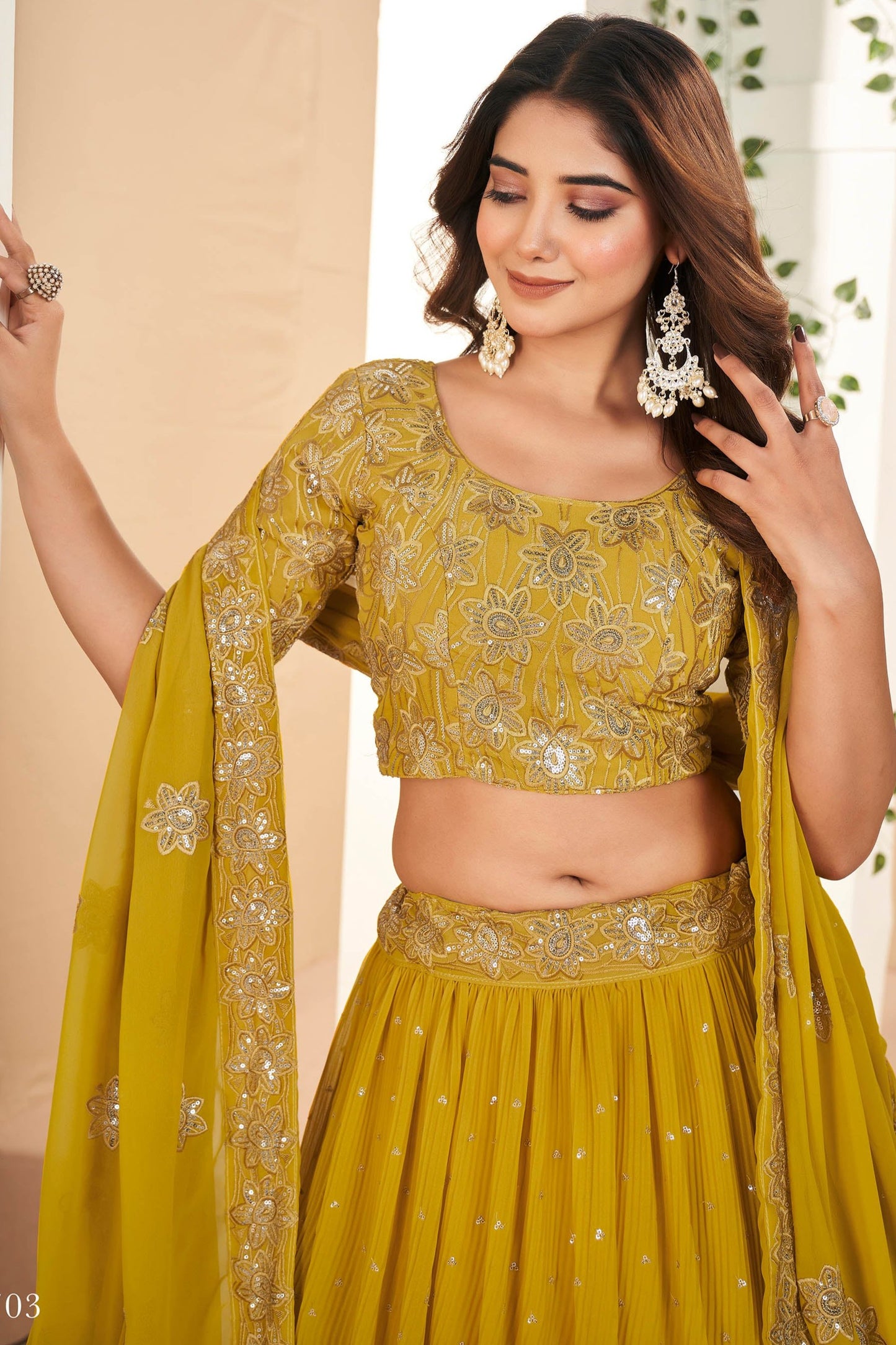 Mustard Yellow Faux Georgette Sequins Embroidery Lehenga