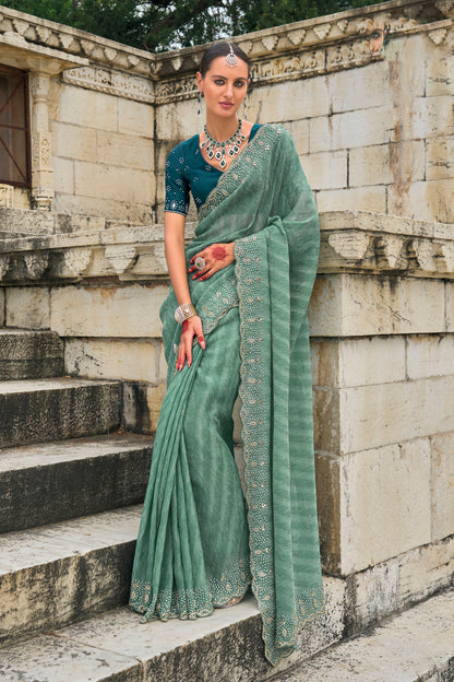 Sea Green Crush Tissue Zarkan Work Festive Saree