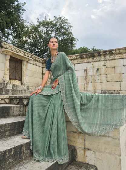 Sea Green Crush Tissue Zarkan Work Festive Saree