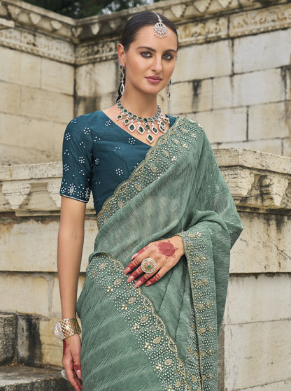 Sea Green Crush Tissue Zarkan Work Festive Saree