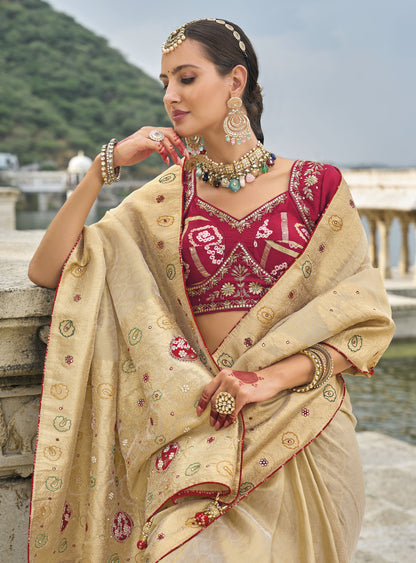 Beige Kanjivaram Silk Cutdana Work Saree