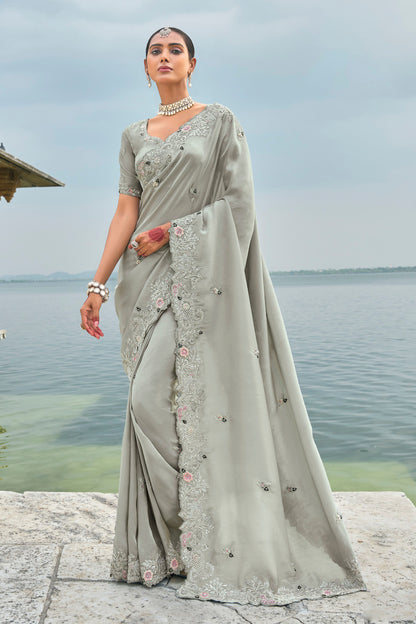 Grey Banarasi Silk Moti & Mirror Work Saree