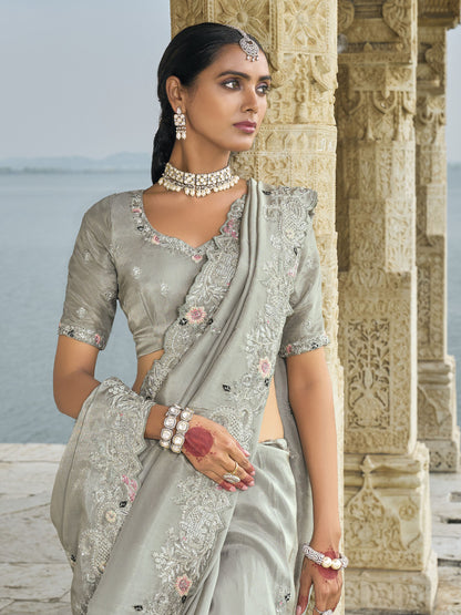 Grey Banarasi Silk Moti & Mirror Work Saree