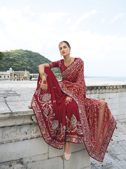 Maroon Bandhej Silk Mirror Embroidery Festive Saree