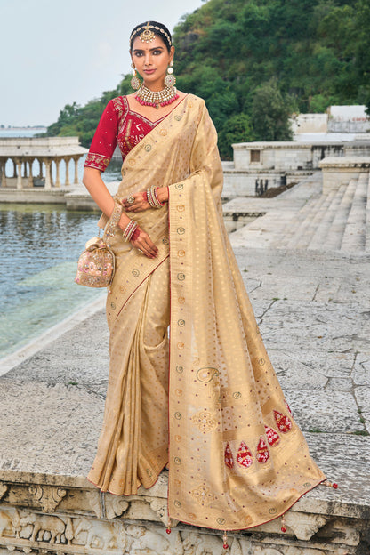 Beige Kanjivaram Silk Zardozi Embroidery Festive Saree
