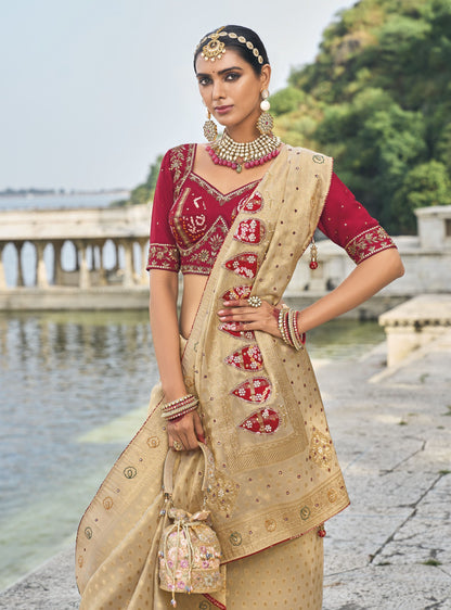 Beige Kanjivaram Silk Zardozi Embroidery Festive Saree