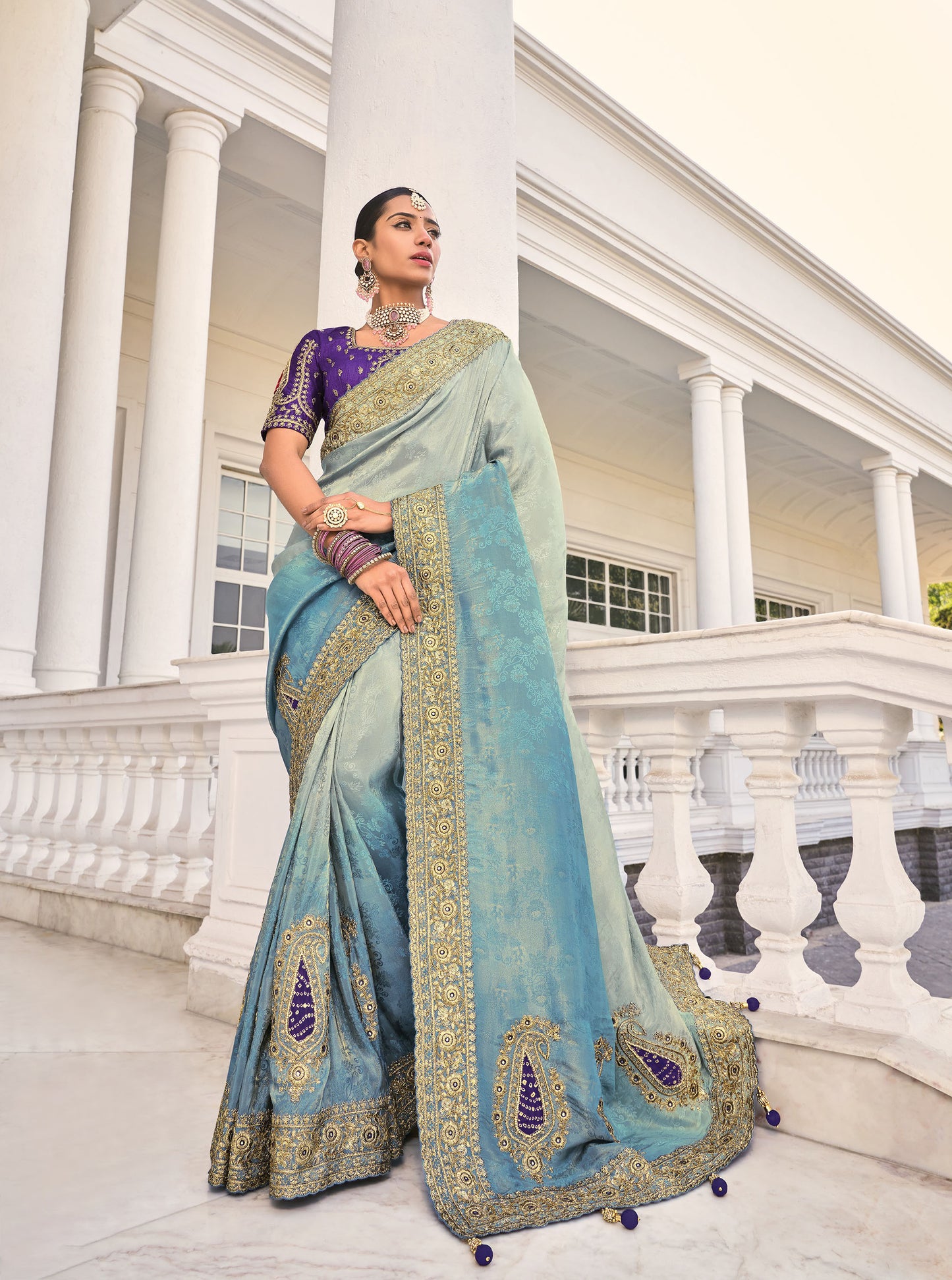 Grey and Blue Crepe Jacquard Zari Embroidery Saree