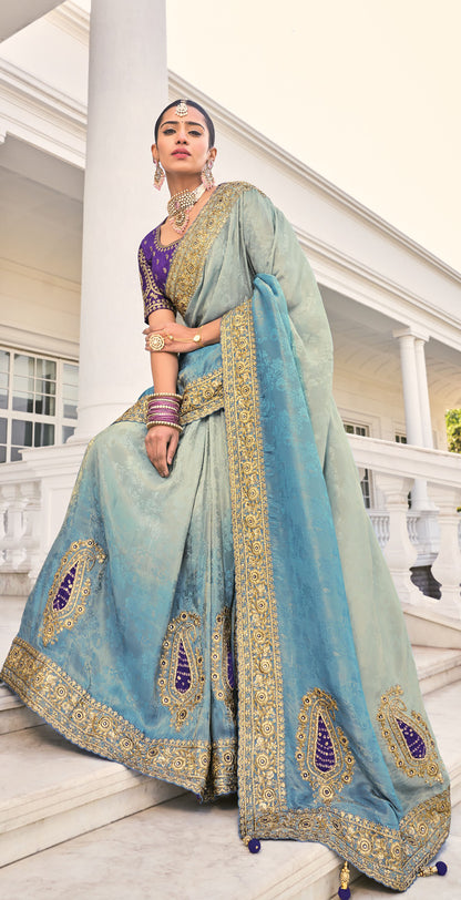 Grey and Blue Crepe Jacquard Zari Embroidery Saree