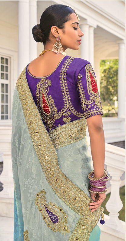 Grey and Blue Crepe Jacquard Zari Embroidery Saree