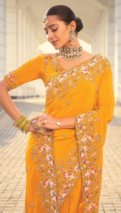 Mustard Crepe Jacquard Zarkan Embroidery Haldi Saree
